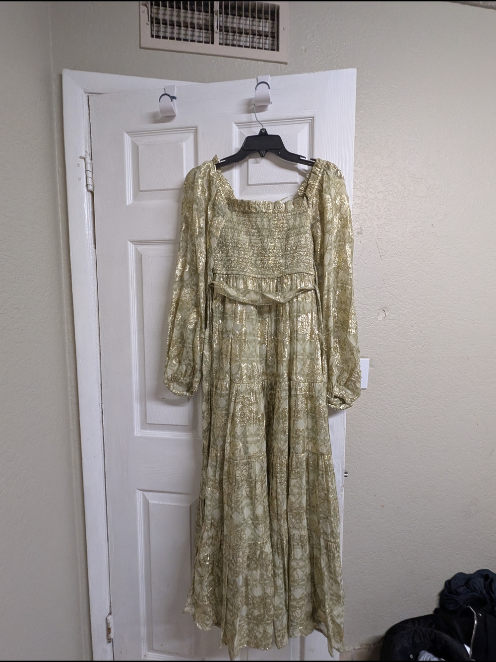 Smocked Bodice Maxi Dress in Light Gold Floral